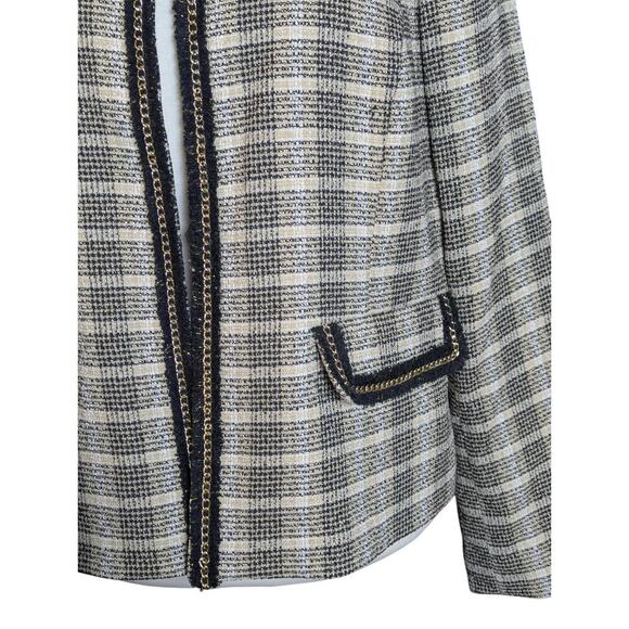 Kasper Women's Size 8 Tweed Blazer Jacket Black & Tan Plaid Gold Chain Detail - Picture 3 of 9